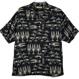 Tommy Bahama Loop Collar 100% Silk Shirt Mens Size M Black Short Sleeve Lobster